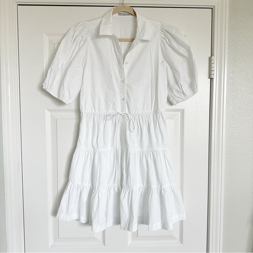 Abercrombie and Fitch White Puff Sleeve Poplin Shirt Dress - Picture 2 of 6